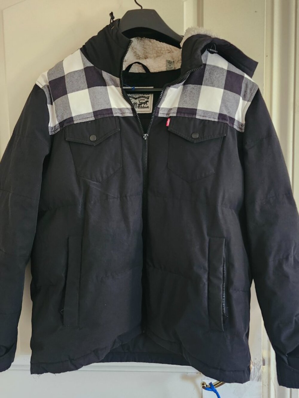 Levi's Ultra Loft Jacket Men Black Buffalo Plaid Yoke Sherpa Lined Sz L REad!